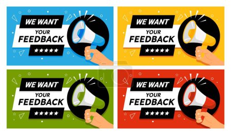 Illustration for We want your feedback. Banner with hand holding megaphone. Marketing advertisement speech signs. Customers leaving their feedbacks. Vector template. Asking for clients comment and evaluation - Royalty Free Image