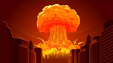 Illustration for Nuclear explosion bomb. Radioactive apocalypse cloud mushroom in city. Cartoon atomic nuke blast, fiery burning catastrophe, destruction town. Vector illustration. Skyscrapers with flame and smoke - Royalty Free Image
