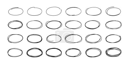 Illustration for Sketch oval frame. Hand drawn round shape, doodle highlight notes. Grunge brush ellipse, pencil bubble speech. Selection important text frames, isolated vector set. Marking messages - Royalty Free Image