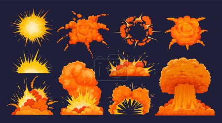 Ilustración de Explosión de bombas. Efecto explosiones de dinamita de dibujos animados, fuego y nubes explosivas. Bombas de destrucción en llamas. Peligro cómico boom nubes para el juego digital. Conjunto de vectores. Detonación, hongo brillante - Imagen libre de derechos