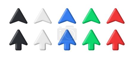 Illustration for 3d arrows. Realistic device multicolor pointers, 3d mouse cursor ui icons. Black and white, red and blue, green arrow interface symbols isolated vector set. Business and navigation objects - Royalty Free Image