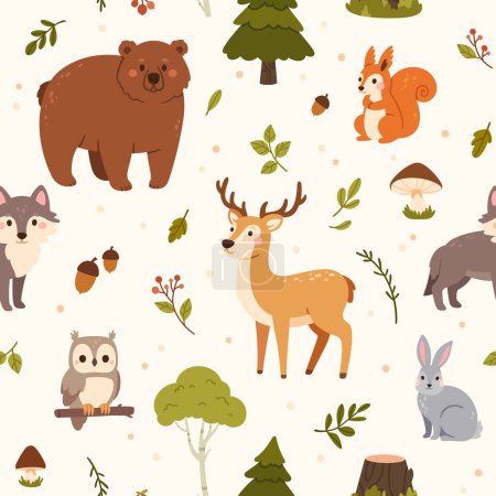 Illustration for Forest animals seamless pattern. Woodland deer, hare and bear, wolf and owl, squirrel and mushrooms, acorns and green leaves, trees. Vector texture for kids wallpaper. Cheerful wild characters - Royalty Free Image