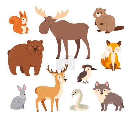 Illustration for Woodland animals. Cute forest bear, fox and hare, wolf and deer, badger and squirrel, elk and woodpecker, beaver and snake. Happy funny animal vector characters. Small childish fauna - Royalty Free Image