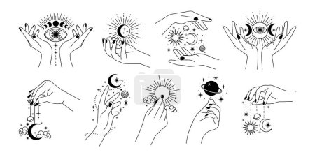 Illustration for Magic woman hands. Sketch mystic female hands with planets, star, moon and sun. Minimalist style astrology tattoo elements. Vector set. Celestial bodies in feminine palms, esoteric - Royalty Free Image