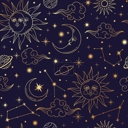 Téléchargez les illustrations : Astrologie magique motif sans couture. Fond d'espace cosmique d'art avec soleil, lune, étoile, planète et constellations. Eléments ésotériques célestes décoratifs galaxie. Tirage vectoriel. Mystérieux cosmos - en licence libre de droit