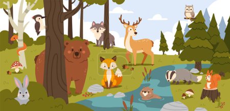 Téléchargez les illustrations : Animaux de la forêt de dessin animé. Forêts d'été avec ours, renard et loup, lièvre et castor dans le ruisseau, écureuil et blaireau, hibou et pic, serpent. Arbres et buissons. Illustration vectorielle. Environnement faunique - en licence libre de droit