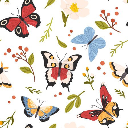 Illustration for Butterfly seamless pattern. Cute flying butterflies and spring flowers with leaves, colorful fluttering summer moths and wildflowers. Vector texture. Natural exotic bugs fabric or wallpaper - Royalty Free Image