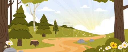 Illustration for Forest landscape. Spring summer woodland with pine trees, birch tree and wild flowers in foreground. Sunrise morning in the forest path to field with daisies. Vector scene. Green meadow with footpath - Royalty Free Image