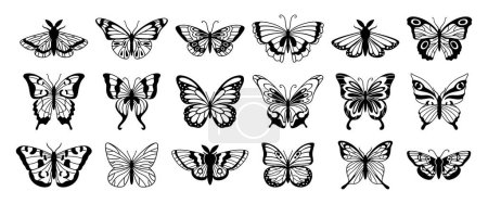 Téléchargez les illustrations : Silhouettes papillon. Insectes printaniers mignons aux ailes ajourées, papillon volant. Insecte ailé, divers détails beau papillon de nuit éléments décoratifs de la faune. Ensemble vectoriel. Créatures tropicales flottantes - en licence libre de droit