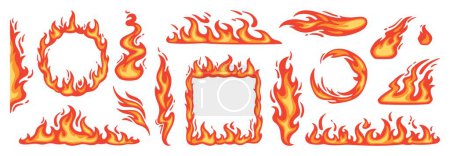 Ilustración de Llama roja de dibujos animados. Llamas de fuego, bola de fuego caliente, fuego de pólvora de peligro y elementos de hoguera, marcos de fuego y fronteras en llamas conjunto vectorial aislado. Formas geométricas quemando cuadros calientes - Imagen libre de derechos