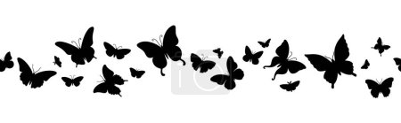 Illustration for Butterfly border. Seamless horizontal butterflies frame, flying moths black silhouettes group. Cute exotic insect flock. Vector isolated element. Beautiful wild cartoon creatures, dark shapes - Royalty Free Image