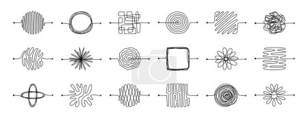 Illustration for Messy scribble arrow lines. Chaotic doodle line ravel tangle, hand drawn confused messy knot. Difficult route, curved scrawl path chaos concept. Vector set. Complicated problems, curved threads - Royalty Free Image