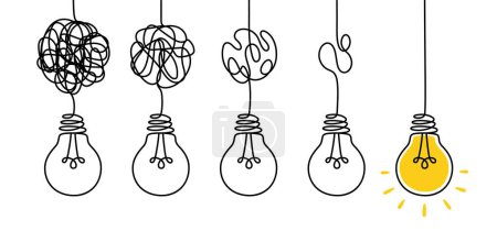 Illustration for Simplify complex process. Tangled scribble wires with light bulbs from difficult to simple, clarifying idea and complex problem solving process vector concept. Chaos in mind, complicated thoughts - Royalty Free Image
