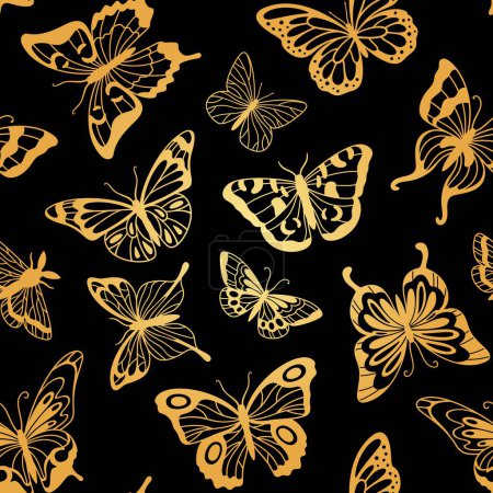 Téléchargez les illustrations : Papillons dorés motif sans couture. Papillon d'or en vol, papillon de nuit avec ornement détaillé sur le contour des ailes sur fond noir. Texture vectorielle pour l'emballage et la couverture. Élégantes créatures volantes - en licence libre de droit