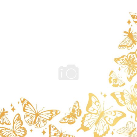 Téléchargez les illustrations : Des papillons dorés. Papillon d'or en vol sur fond blanc. Cadre de troupeau de papillons exotiques pour invitation de mariage, carte de vœux. Silhouettes de papillon de nuit fond vectoriel. Insectes sauvages mignons - en licence libre de droit