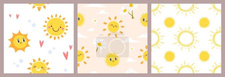 Illustration for Sun seamless pattern. Cute smiling sun characters with red heart and white clouds, daisies and stars. Kids wallpaper, wrapping vector texture set. Funny faces with flowers for fabric - Royalty Free Image