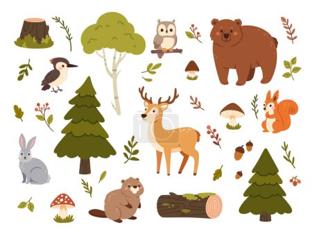 Illustration for Wild forest animals. Bear, squirrel and deer, beaver and hare, woodpecker and mushrooms, fir tree and birch, berries. Cute baby woodland animal vector set. Characters and isolated nature elements - Royalty Free Image
