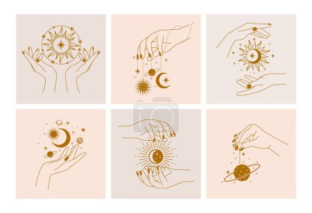 Illustration for Esoteric mystical poster. Magic beautiful woman hands with celestial sun, star moons. Design card template with astrology universe symbols vector set. Minimalistic spiritual signs or tattoos - Royalty Free Image