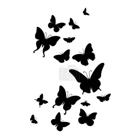 Téléchargez les illustrations : Les papillons affluent. Mignon groupe de papillons volants insectes d'été avec des ailes en vol, des papillons volants. Illustration vectorielle de divers groupes de papillons de nuit exotiques ailés. Des créatures naturelles flottantes - en licence libre de droit