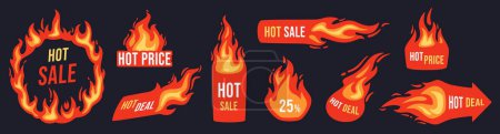 Illustration for Hot sale badges. Flaming deal banner, hot discount price label and promotional offer tag with fire frame. Store sale sticker, shopping exclusive burn price vector flyer. Selling marketing - Royalty Free Image
