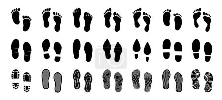 Illustration for Human footprint. Black silhouette people barefoot, leg imprint, shoes and boot feet. Walking Woman and man shoe steps isolated on white background. Vector set. Footsteps trace prints - Royalty Free Image