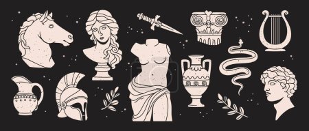 Illustration for Antique sculptures. Vector set. Roman female and male statues, vases, musical instruments and architectural elements. Antique objects, decorative artwork and monuments isolated collection - Royalty Free Image