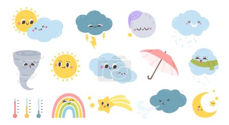 Illustration for Cute weather characters. Cartoon funny season forecast emotion elements. Kids sun, happy rainbow, snowy cloud in hat, rain with umbrella on white background. Vector icons. Different expressions - Royalty Free Image