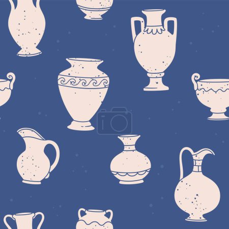 Téléchargez les illustrations : Vases antiques sans couture. Arrière-plan avec pot en céramique, vase de poterie, divers cruche. Fond d'écran avec des silhouettes abstraites forme amphore. Texture vectorielle. Pot et ustensiles de geek anciens - en licence libre de droit