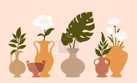 Illustration for Composition vases and leaves. Abstract minimal design with pottery elements and floral exotic shapes. Concept pot forms for print template. Vector illustration. Isolated vases with flowers - Royalty Free Image