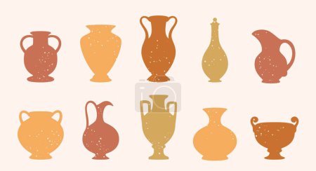 Téléchargez les illustrations : Silhouettes de vase en céramique. Différentes vieilles poteries, vases décoratifs, pichets en argile, carafe de décoration. Vases créatifs formes dans un style plat isolé, ensemble vectoriel. Amphore ancienne, antiquités vertes - en licence libre de droit