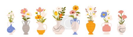Téléchargez les illustrations : Fleurs dans des vases. Bouquet de fleurs de bande dessinée en vase en céramique et bouteille en verre. Plantes naturelles et décor intérieur. Célébration du bouquet de fleurs. Collecte vectorielle. Composition tulipes et dianthus - en licence libre de droit