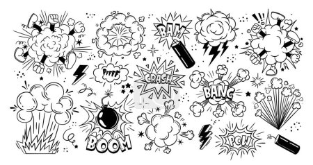 Illustration for Comic bomb explosion. Cartoon brawl cloud with feet and legs. Speech explode bubbles, circle burst with bam, pow, boom, crash and bang for comic books. Vector set. Fighting characters, dynamite - Royalty Free Image
