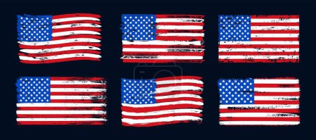 Grunge American flag. Graphic USA flags with stars and stripes and vintage texture. Holiday United States national flag in red, white, and blue color print. Culture symbols. Vector set. Independence