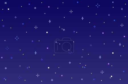 Ilustración de Pixel arte cielo nocturno. Retro juego de 8 bits fondo de la noche con estrellas. Patrón plano de medio tono para el juego de interfaz móvil. Colores azules en el fondo. Ilustración vectorial. Crepúsculo y brillo de estrella - Imagen libre de derechos