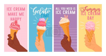 Illustration for Hands hold ice cream. Cartoon different hand holding wafer cone. Card with arms with colorful gelato and freeze dessert. Summer mood poster. Vector set. Cold fruity refreshment or snack - Royalty Free Image