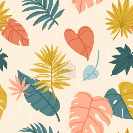Illustration for Tropical leaves pattern. Abstract seamless texture with colorful jungle palm leaf. Modern background botanical foliage and floral plants for design. Vector set. Hawaiian environment - Royalty Free Image