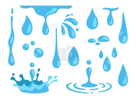 Wassertropfen. Abstrakte Natur blau fallenden reinen Tropfen. Regentropfen. Gießbewegungen formen Wasser. Pfütze, Spritzer, Flüssigkeitsfluss. Saft und Getränke. Vektorsammlung. Karikaturen reinigen isolierte Tröpfchen