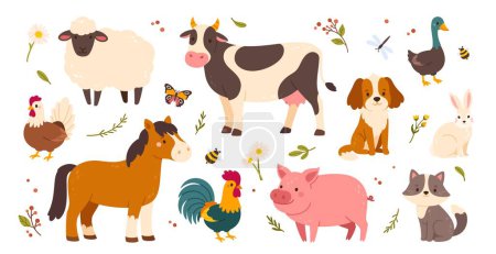Illustration for Cute farm animals. Funny cartoon domestic mammals and birds. Rural cattle and poultry. Village pet. Nice pig, cow, cat, dog, duck, chicken, horse. Vector collection. Countryside livestock - Royalty Free Image