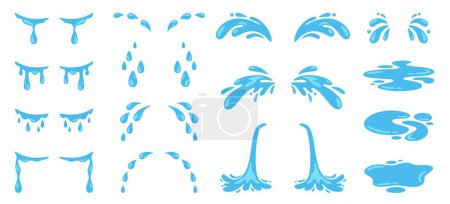 Illustration for Dropping tears. Cry, wet eyes, streams teardrop. Shedding, sobbing, grieving tear. Sad emotion. Water blue drops. Rain splashes and fluid flows. Vector collection. Grief or sadness expression - Royalty Free Image
