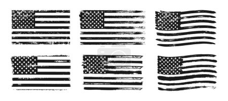 Drapeau texturé des USA. Grunge drapeau américain décoratif couleur monochrome. Bannières drapeau noir et blanc rayures et étoiles pour t-shirts imprimés isolés sur fond blanc. Collecte vectorielle. Liberté, gloire
