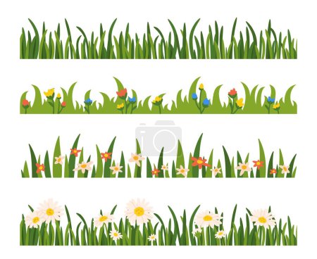 Illustration for Grass and flower borders. Cartoon horizontal green lawn. Meadow with chamomile, color garden flowers, field wild herbal. Decorative seamless border. Vector collection. Park with wildflowers - Royalty Free Image