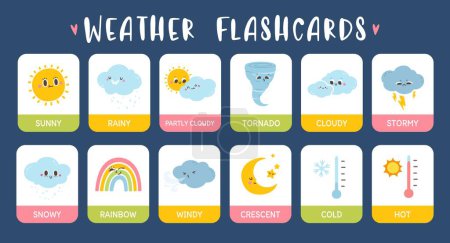 Illustration for Kids weather flashcards. Cartoon studying cards for children education with cute season weather icons. Rainy clouds, happy sunny, smiling snow, wind. Baby poster. Vector set. New vocabulary - Royalty Free Image