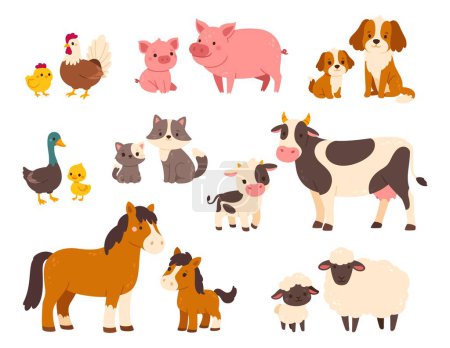 Illustration for Farm animals with their baby. Cartoon pet animal family. Mothers and kids. Domestic parents and children. Mom pig with piglet, cute cow and calf. Vector set. Adorable countryside characters - Royalty Free Image