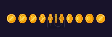 Illustration for Pixel art gold coins. Cartoon 8bit pixelated money for retro video game. Step by step coin animation. Concept rotating icon, 16 bit cash gaming elements. Vector illustration. Golden money movement - Royalty Free Image