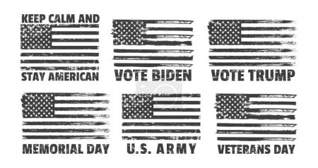 Téléchargez les illustrations : Grunge drapeaux américains. Vintage patriots tags avec le drapeau des États-Unis. Différents badges graphiques et modèles. Restez américain. Voter. Drapeau de bannière avec étoiles et rayures. Ensemble vectoriel. Fête de la liberté - en licence libre de droit