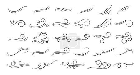 Illustration for Sketch wind lines. Doodle blowing movement air elements, hand drawn wave freshness. Hand drawn outline aerial shape, swirl motion, abstract flow symbols. Vector set. Fresh flow, stormy weather - Royalty Free Image