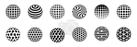 Dotted halftone 3D sphere. Striped and checkered spheres with triangle, hexagon and circle particles, halftone balls. Halftone gradient texture on globe vector orb set. Different patterns collection