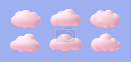 Ilustración de Nubes rosadas. Dibujos animados de color rosa suave redondeado nubes 3D formas para el juego y la animación. Nubes mágicas al atardecer aisladas sobre fondo azul. Salida del sol en el paisaje nublado, colección de cúmulos esponjosos - Imagen libre de derechos