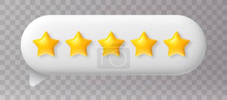 Illustration for Five star rating. 3D speech bubble with 5 golden stars positive feedback. Customer review. Service satisfaction and quality, excellent rate realistic vector concept. Client evaluation or assessment - Royalty Free Image