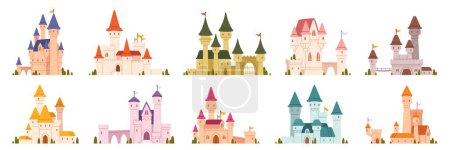 Illustration for Cartoon castles. Fairytale medieval towers. Royal old building place kingdom. Magic stone castle exterior with tower fortress and citadel. King and queen palace. Vector set. Ancient magic architecture - Royalty Free Image